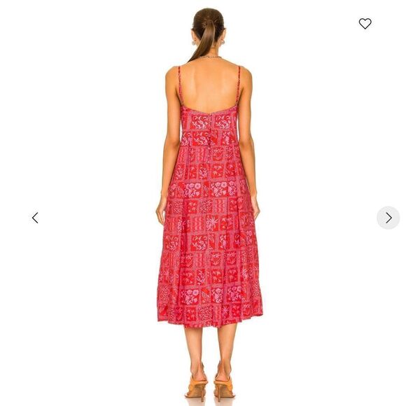 Agua Bendita Red Mambo Ipanema Escarlata Red Linen Printed Midi Summer Dress, XL - Picture 3 of 16